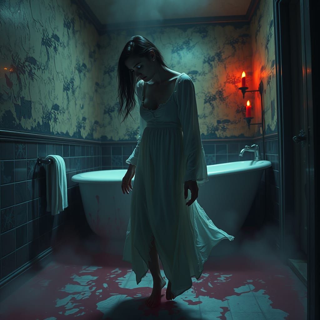 Ethereal Woman in Haunted Victorian Bathroom