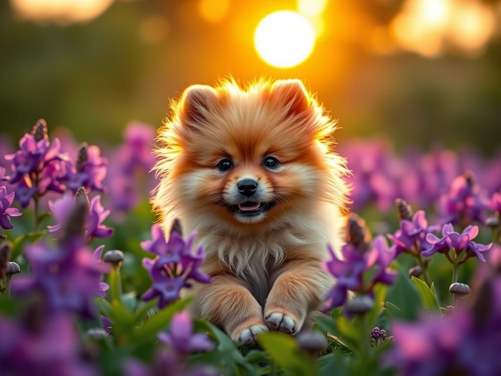 Whimsical Keeshond Puppy Frolics in Vibrant Jacaranda Bloom