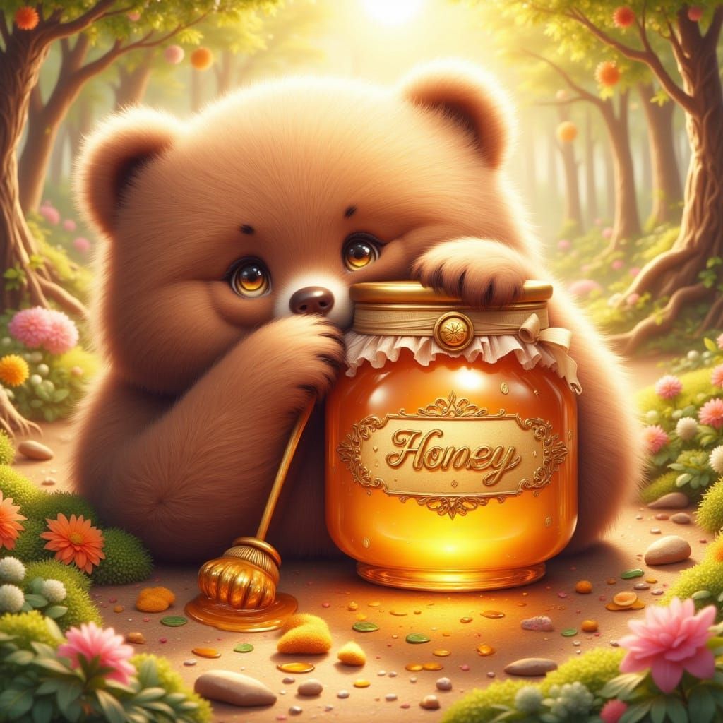 Whimsical Chibi Bear Adores Honey Jar in Sunny Forest