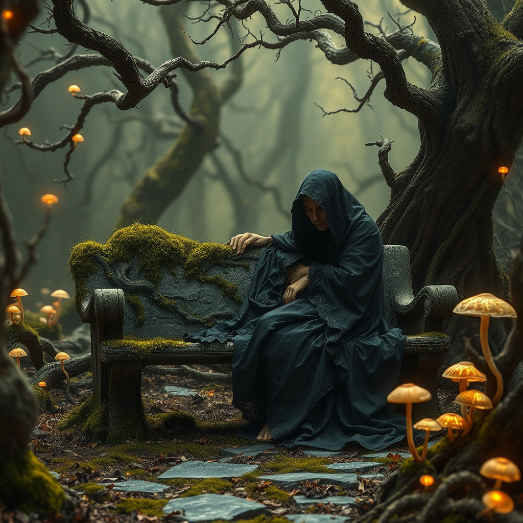 Sorrowful Figure in Mystical Forest, Matte Painting