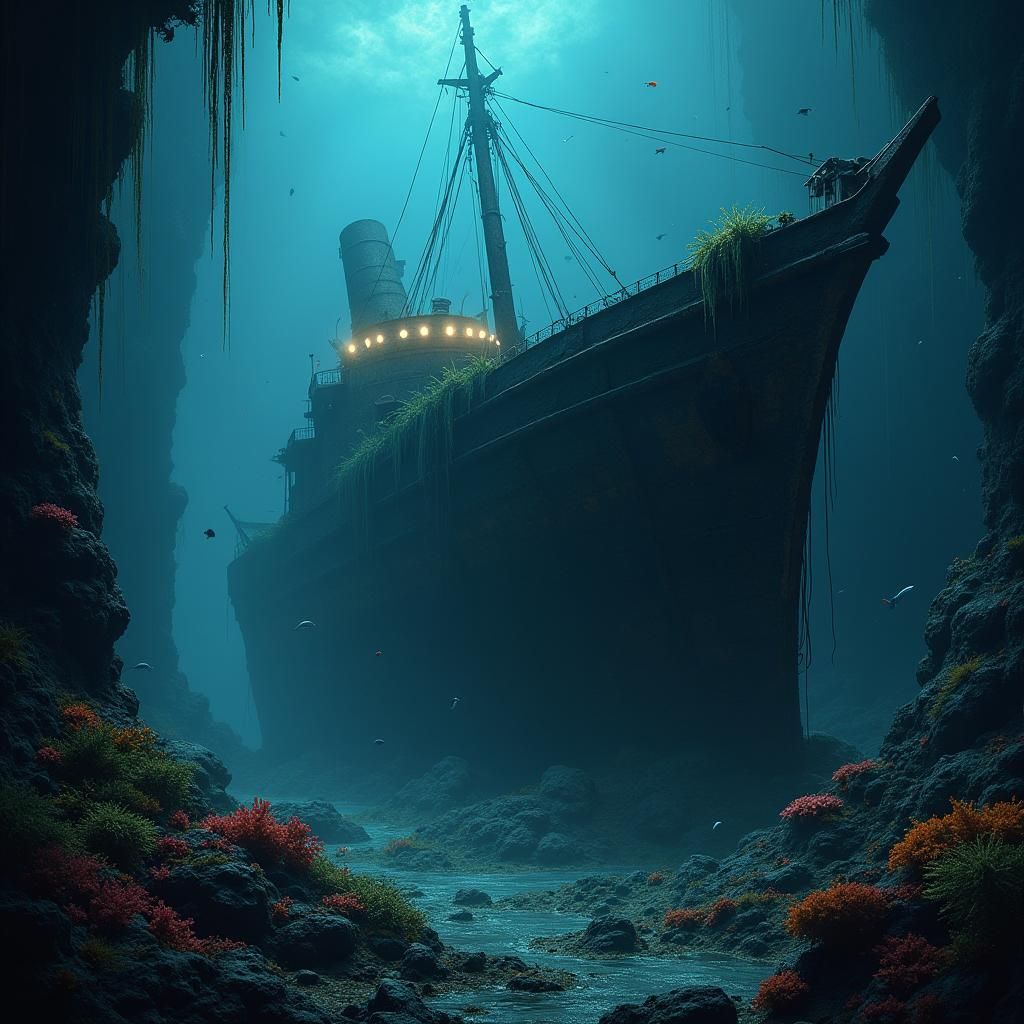 Eerie Shipwreck in Abyss with Bioluminescent Creatures