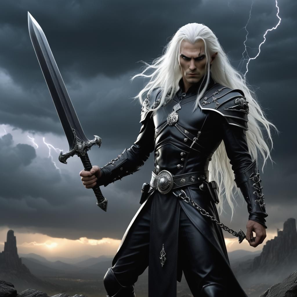 Elric of Melniboné Wielding Stormbringer in Lightning Storm