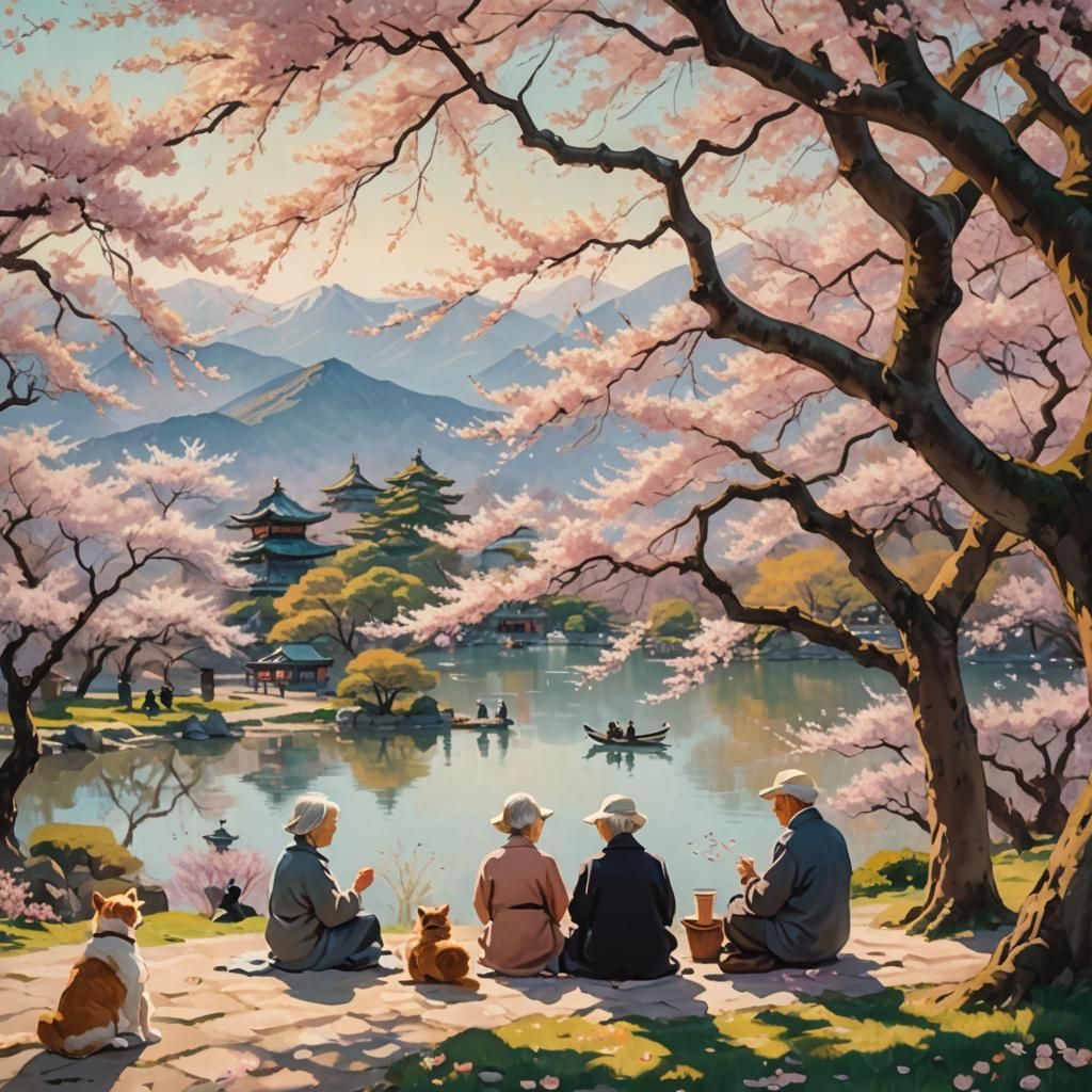 Impressionistic Cherry Blossom Picnic at Golden Hour