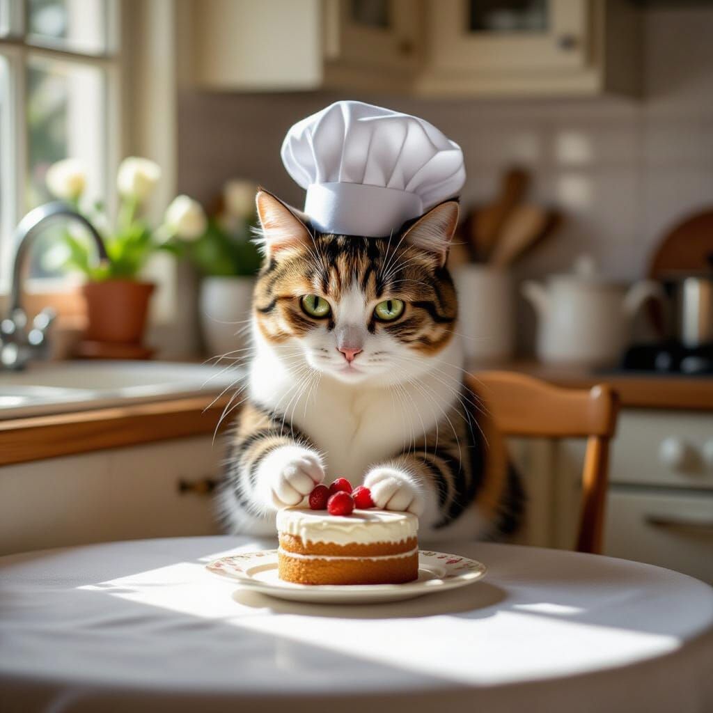Calico Cat Chef Arranges Miniature Cake in Sunlit Kitchen