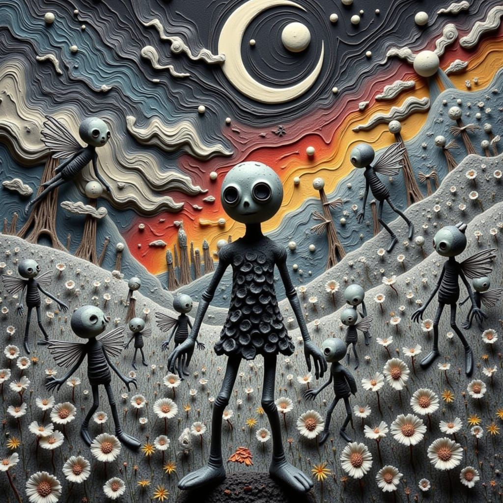 Winged Fairies in Dandelions, Dreamscape with Dark Whimsy