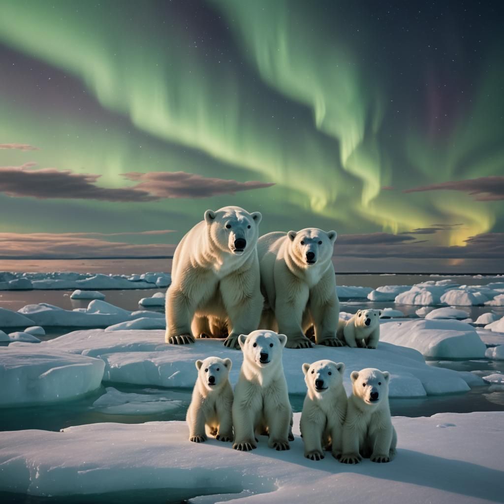 Polar Bear Family and Aurora Borealis, Photorealistic