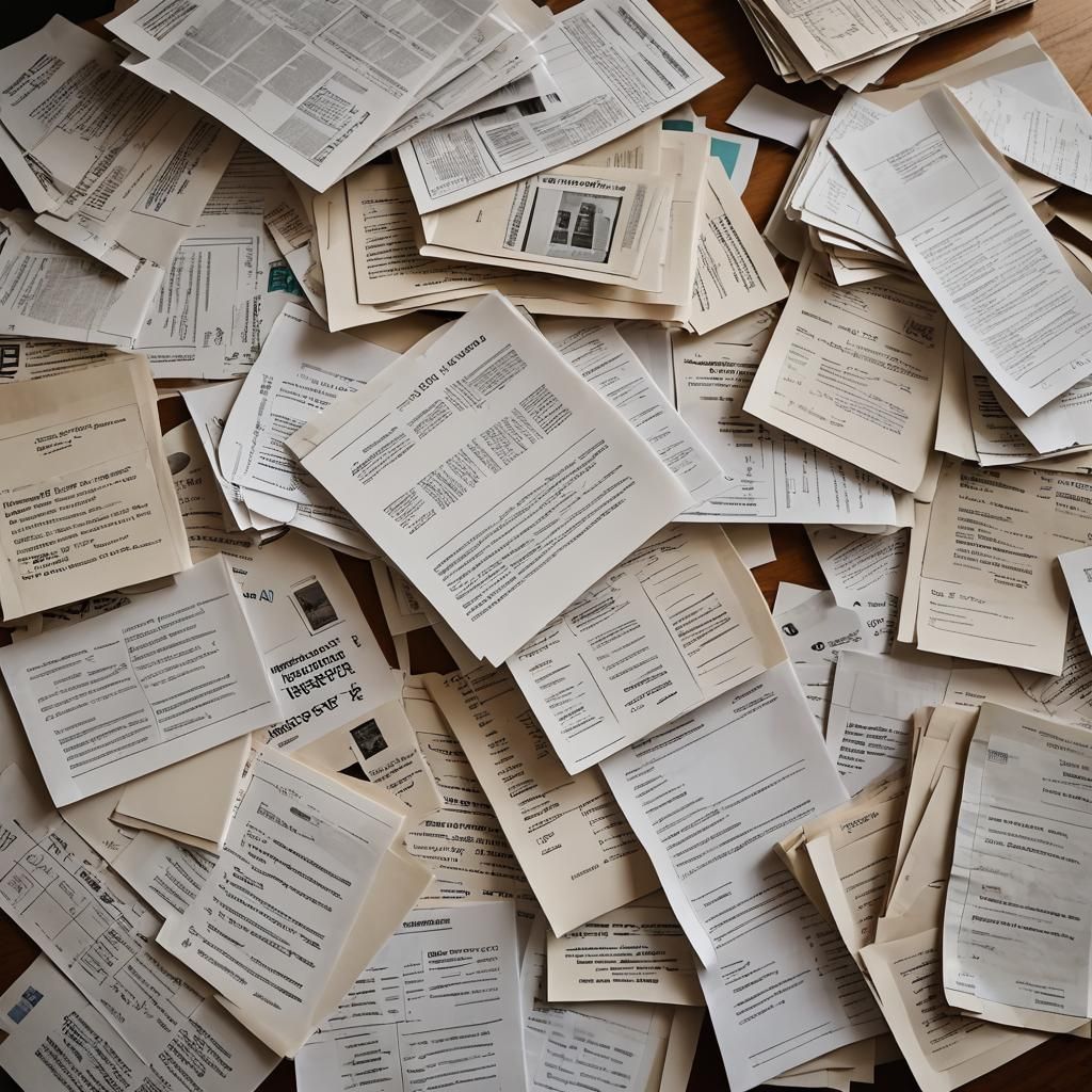 Desk Cluttered with Papers in Sharp Focus
