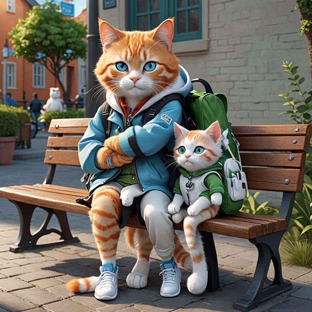 Orange Tabby Cat and Kitten on Bench: 3D Digital Art