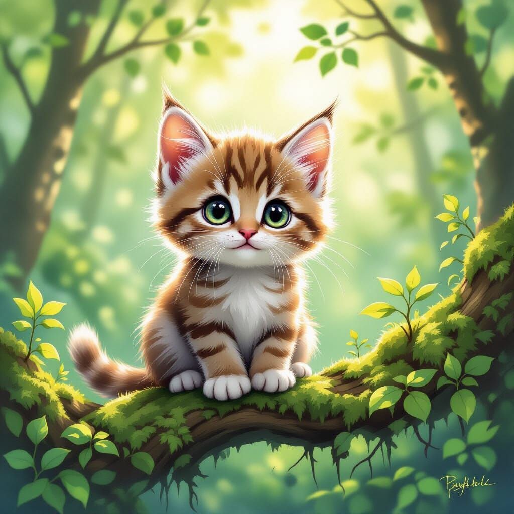 Whimsical Kitten on Mossy Branch in Sunlit Forest