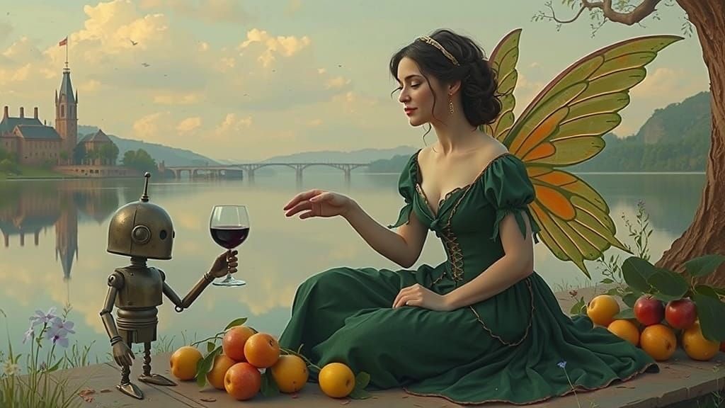 Victorian Fairy Picnic with Robot, Rococo Sky