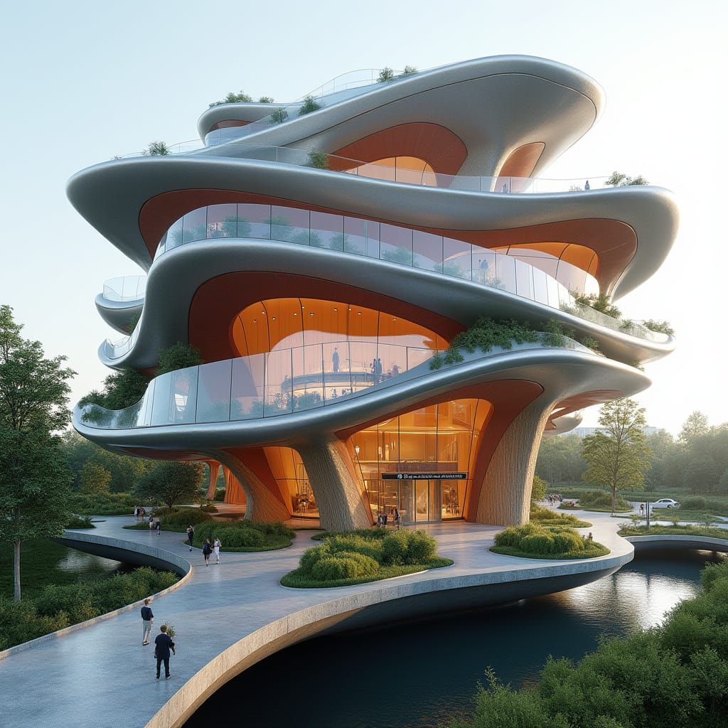 Sleek Flower-Shaped Building in Sustainable Futuristic Style