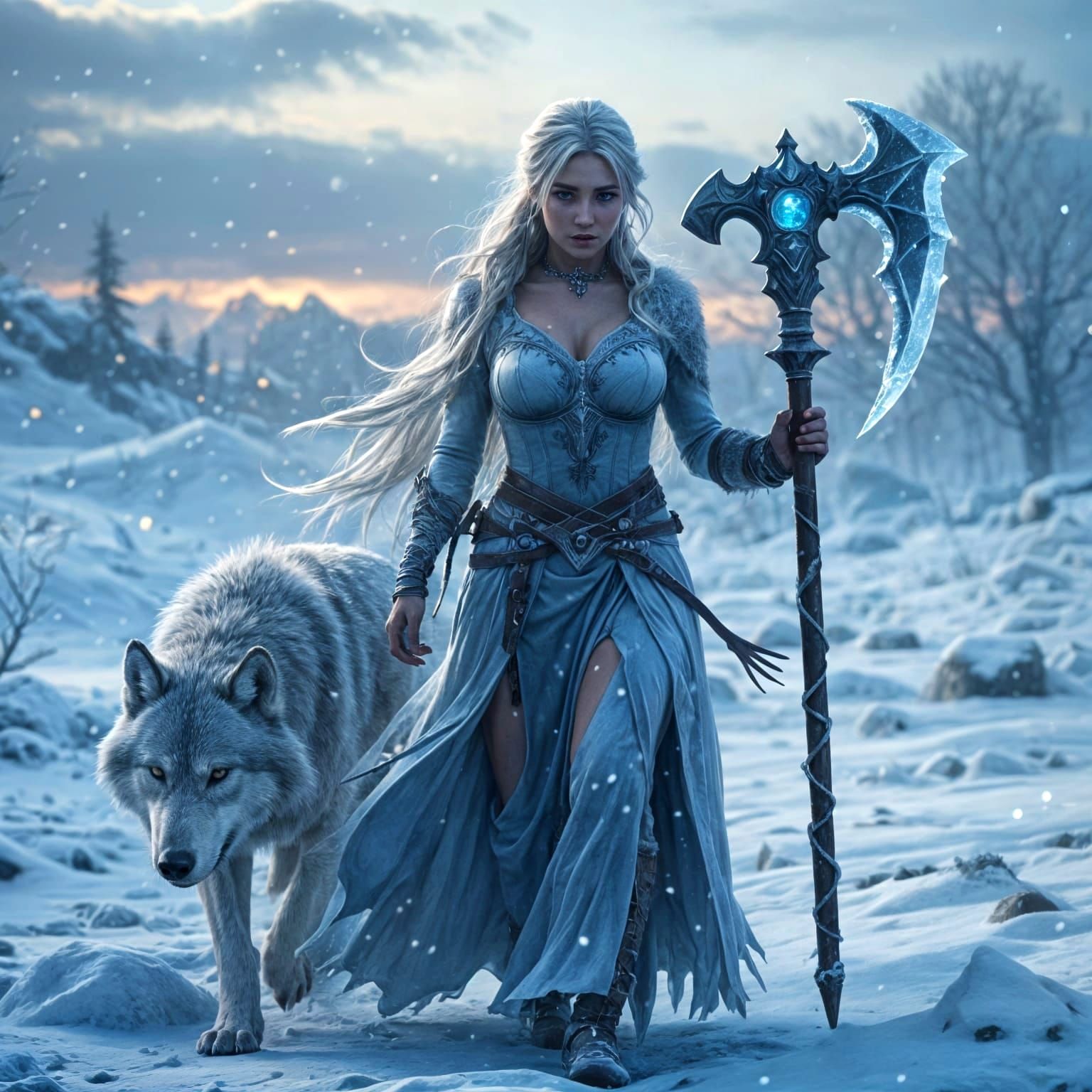 Ice Sorceress Walking Through Frozen Tundra