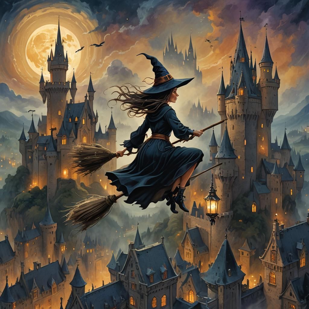 Ethereal Witch Rides Broom at Misty Castle