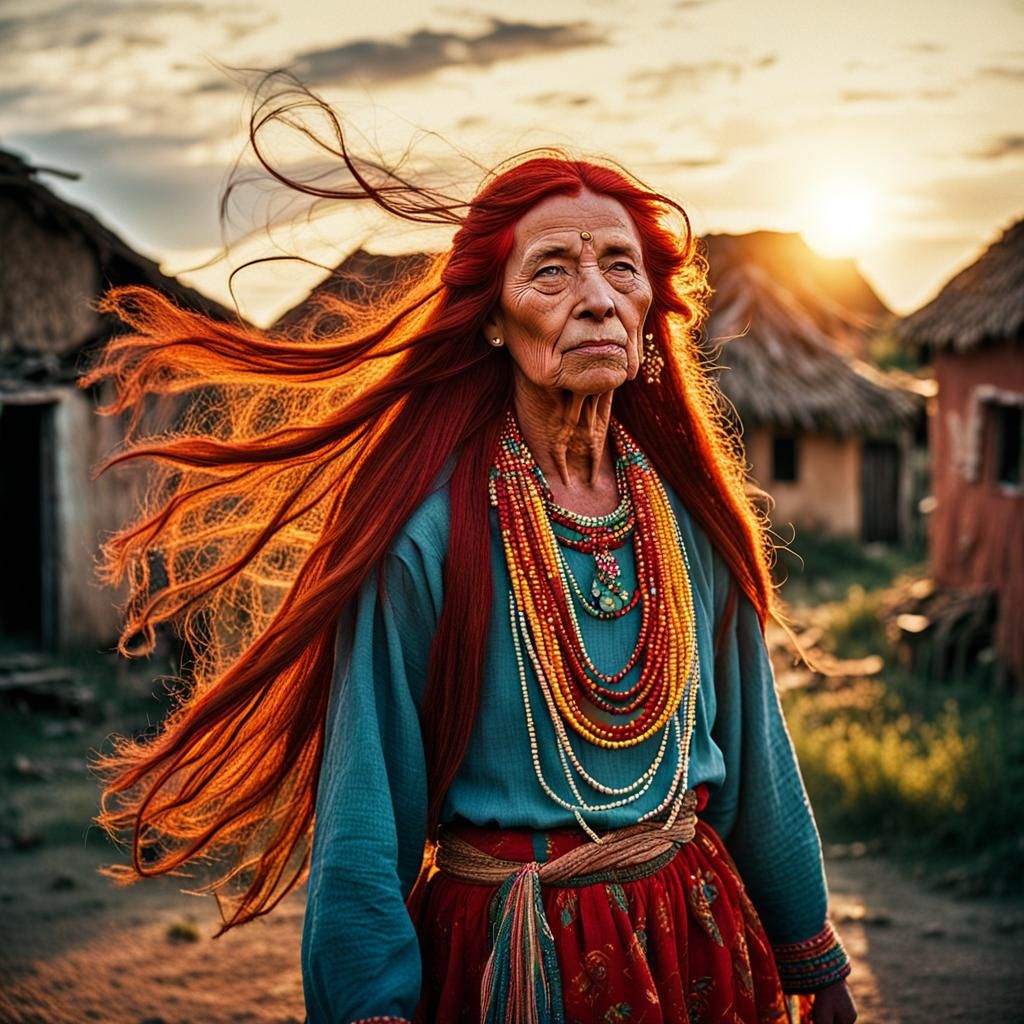 Cinematic Village Scene: Lady in Colorful Attire