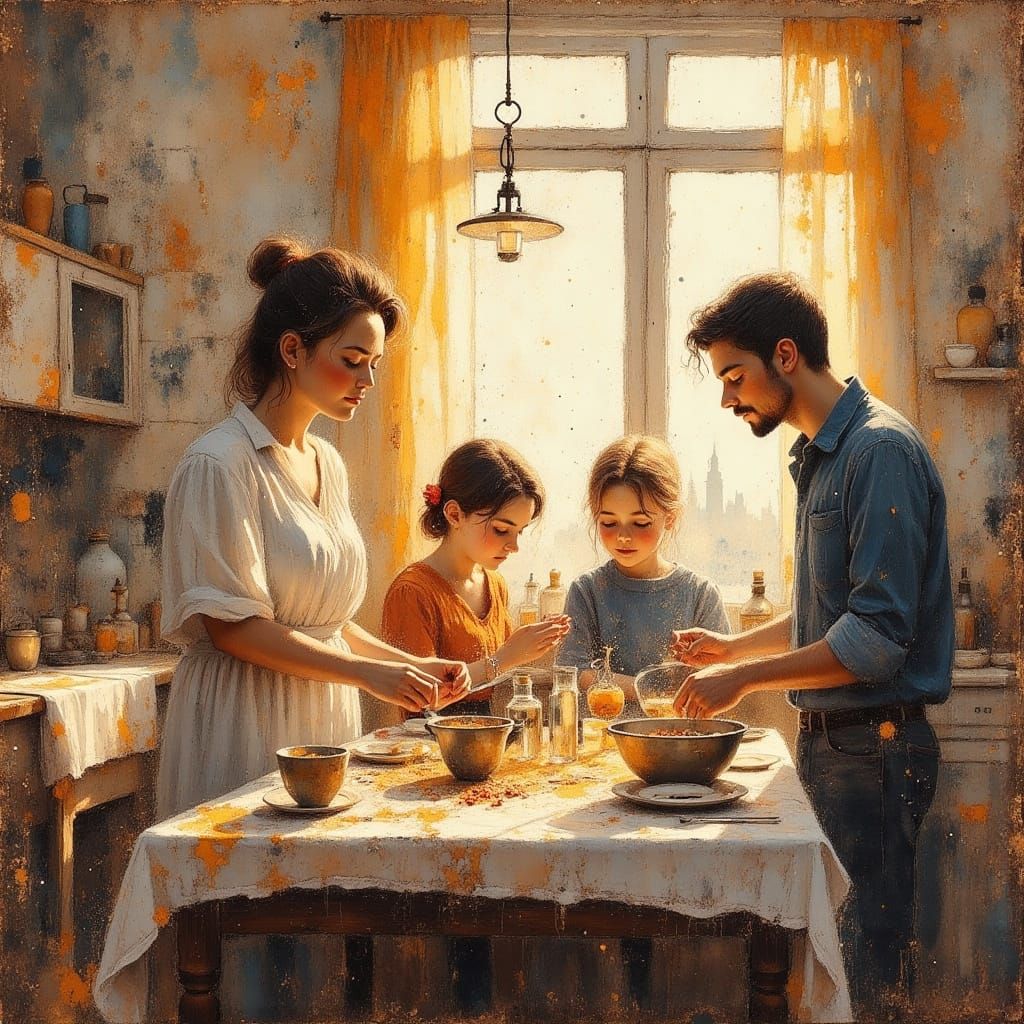 Polyamorous Family Cooking, Oil-on-Canvas Realism