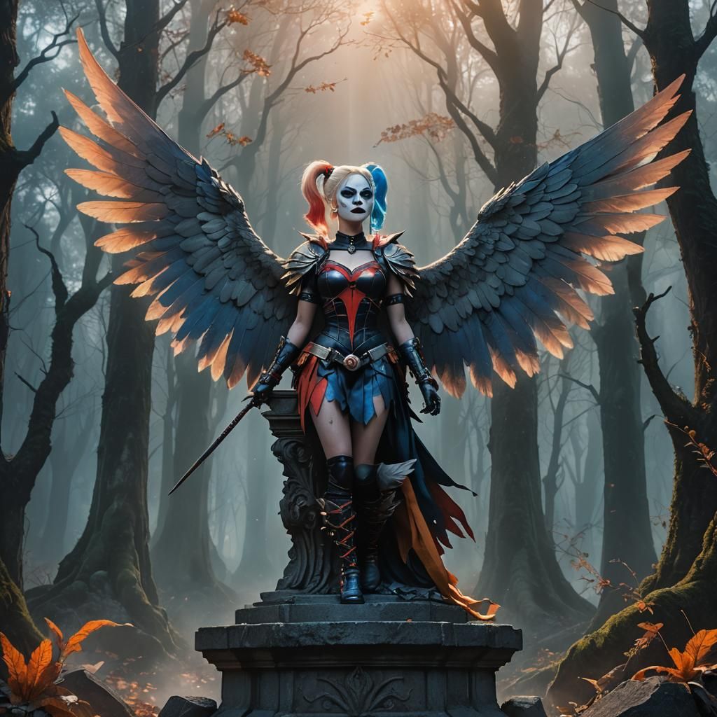 Harley Quinn with Angel Wings in Mystical Forest