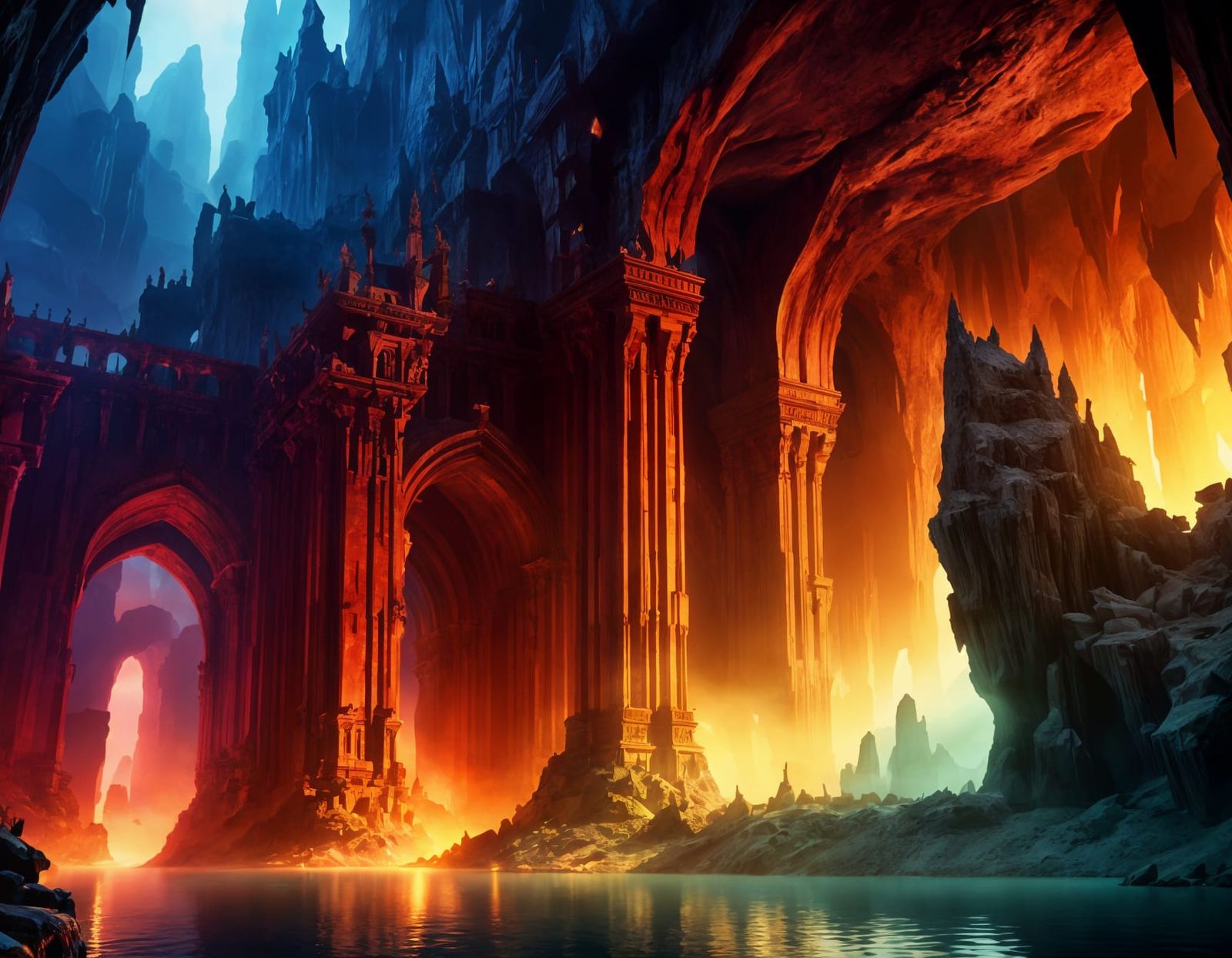 Epic Cavern Lake with Stone Houses