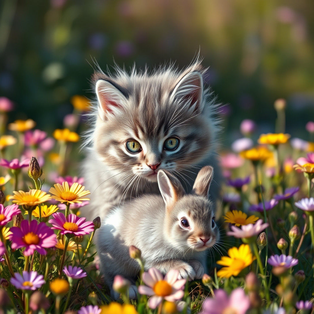 Kitten and Bunny Play in Wildflower Field