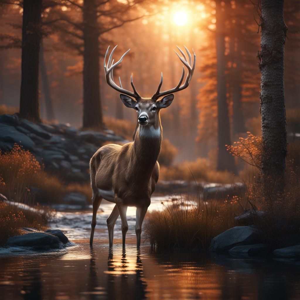 Whitetail Deer Ghost by Forest Stream