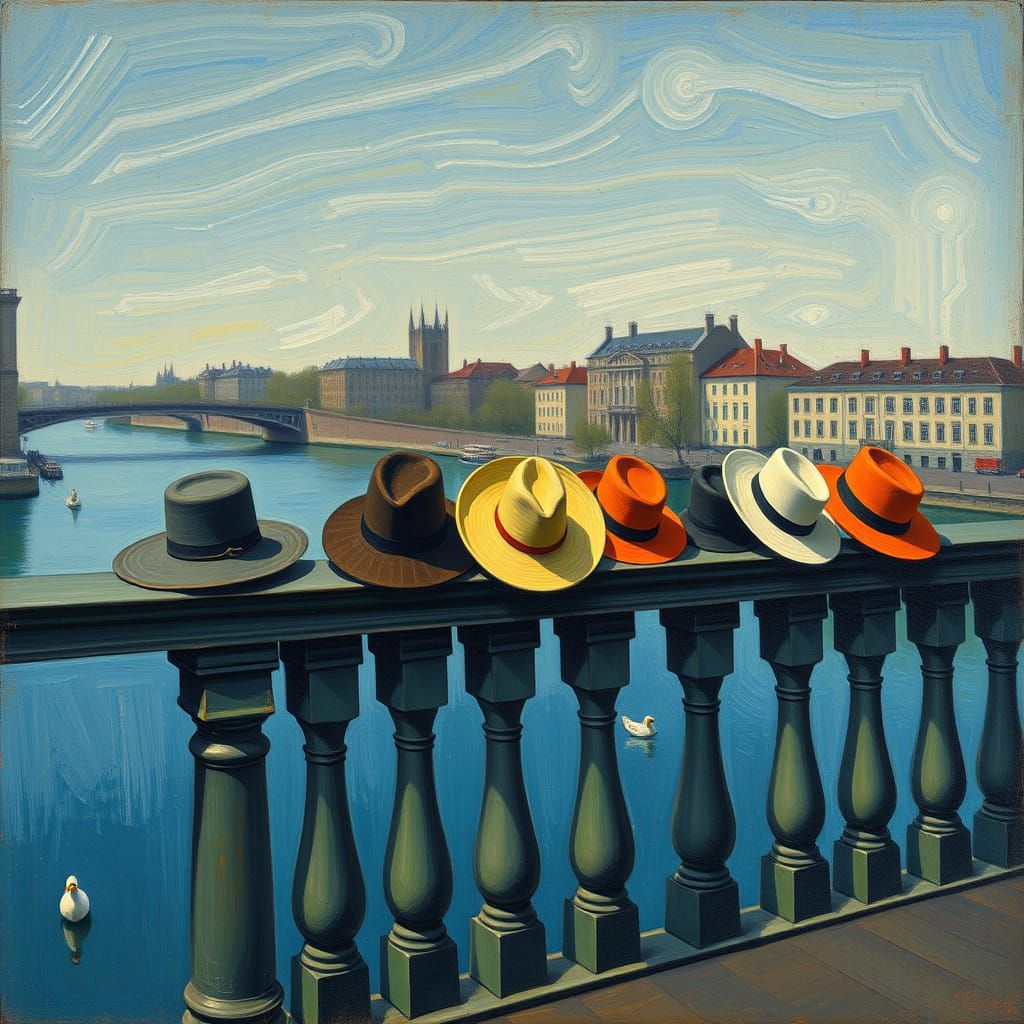Hats on a Bridge in an Edvard Munch Style Painting