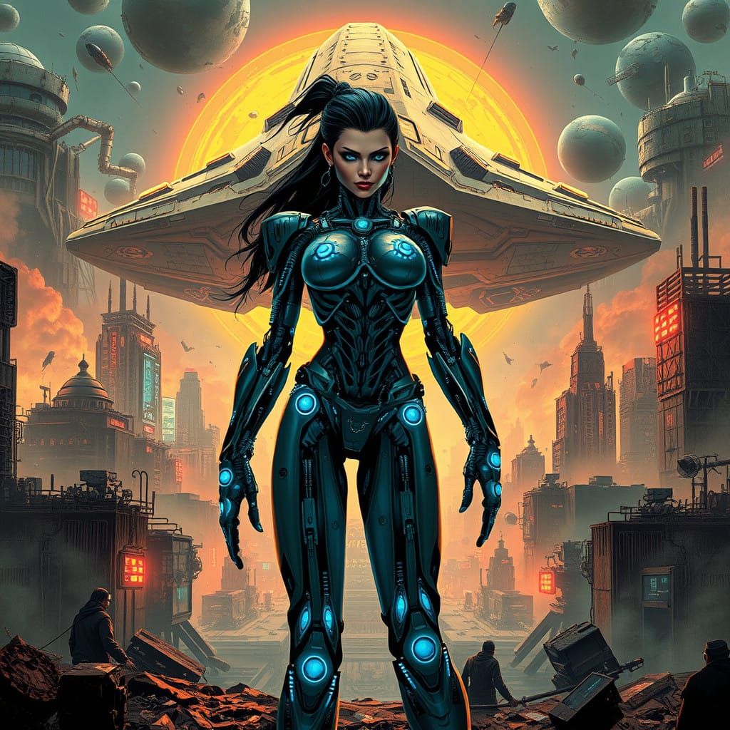 Cyborg Warrior Emerges from a Futuristic Cityscape