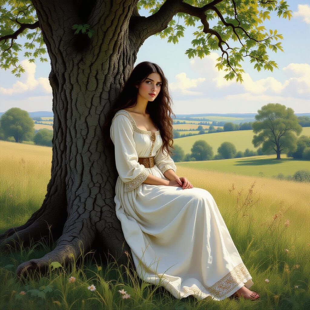 Woman by Ancient Oak Tree in Pre-Raphaelite Style