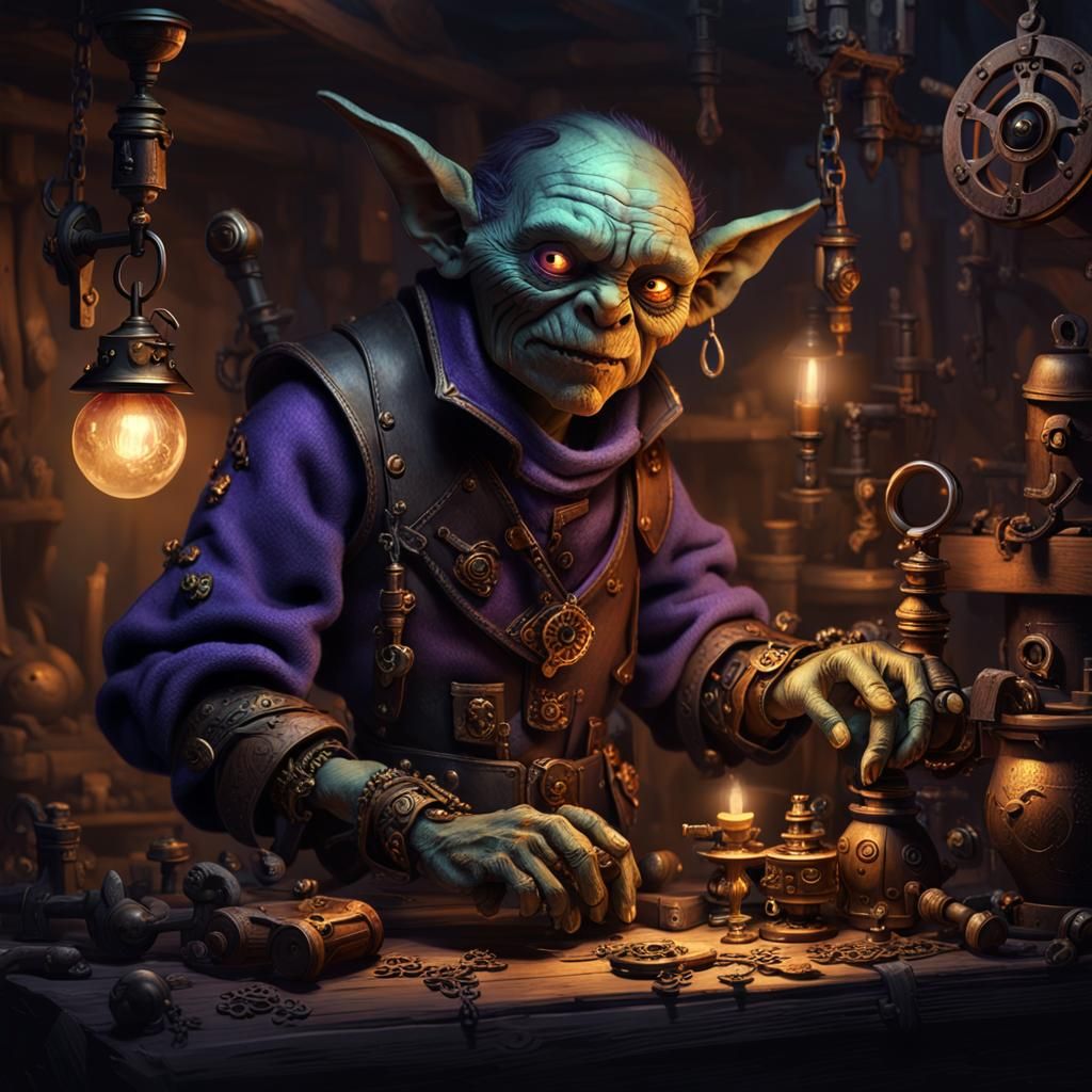 Goblin Artificer in Dimly Lit Workshop