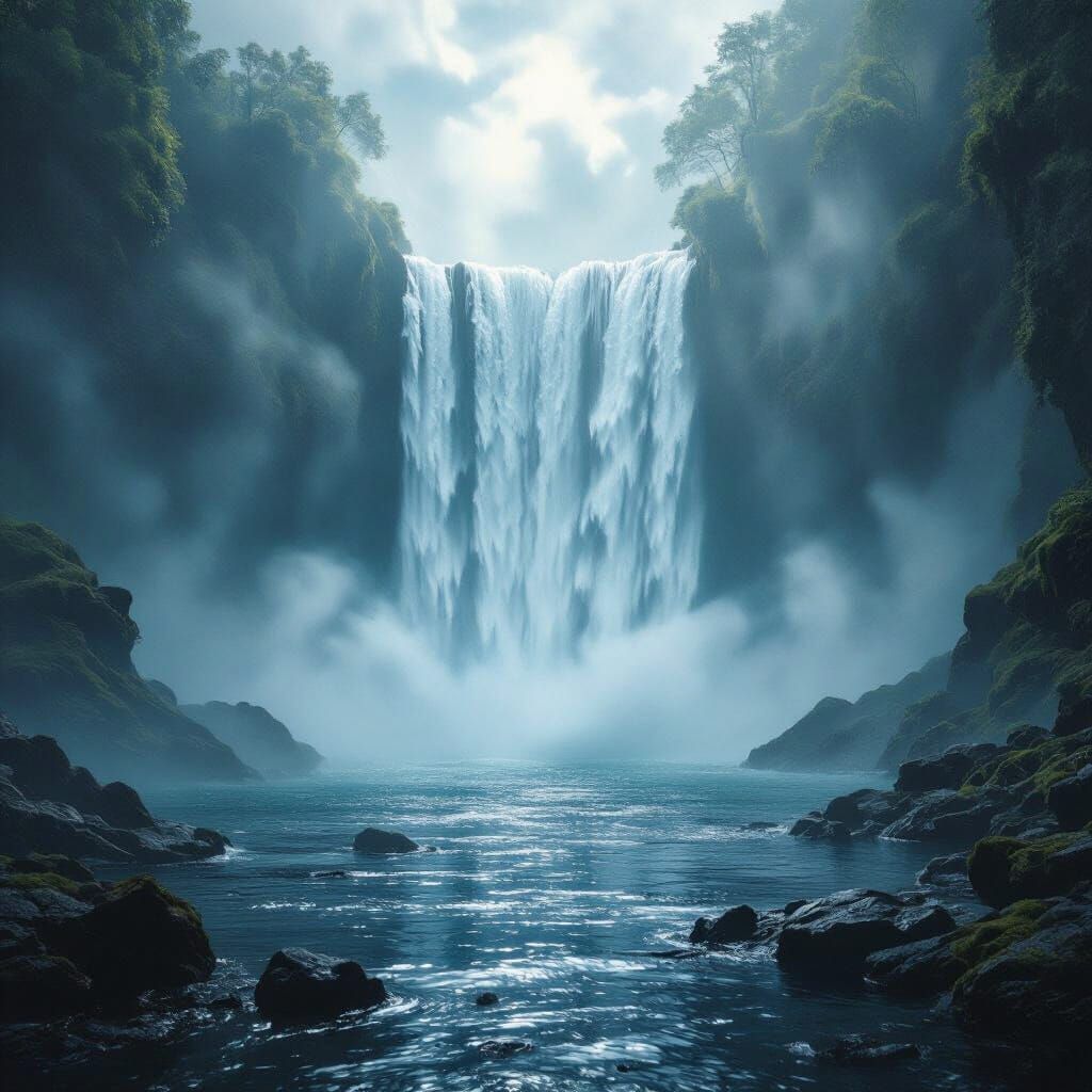 Ethereal Waterfall with Magical Pond in Cinematic Style