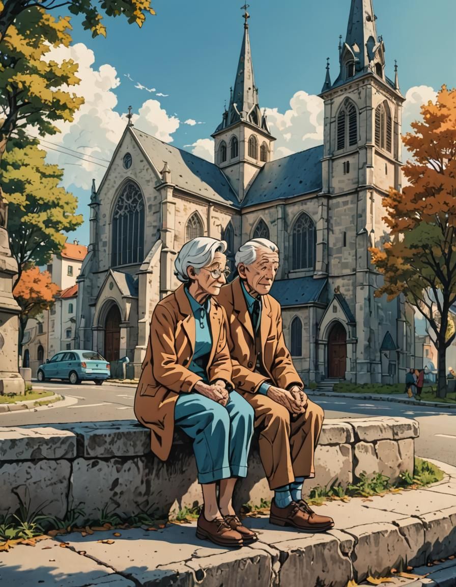 Old Couple at Church, Hergé Style Illustration