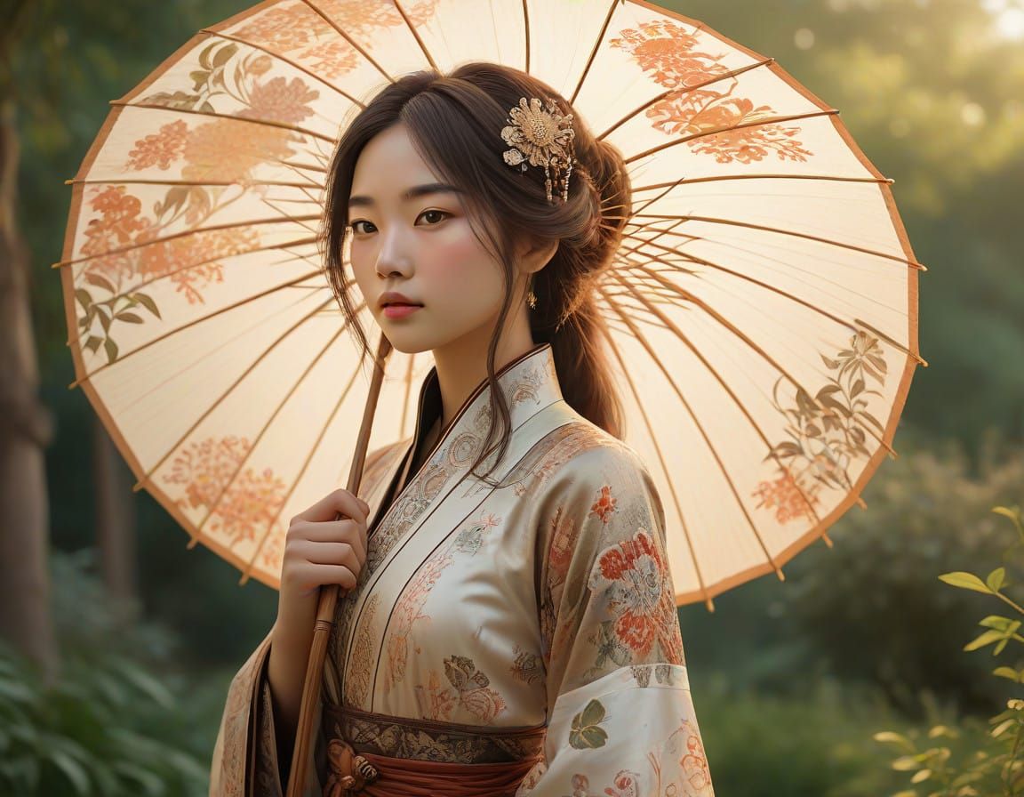 Eastern Warrior in Whimsical Oriental Landscape