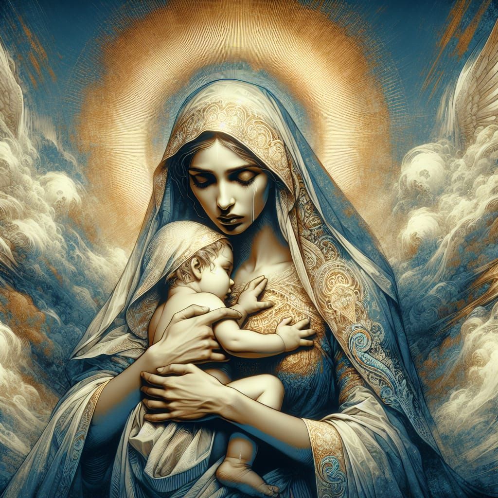 Fantasy Mother and Child in Mystical Landscape