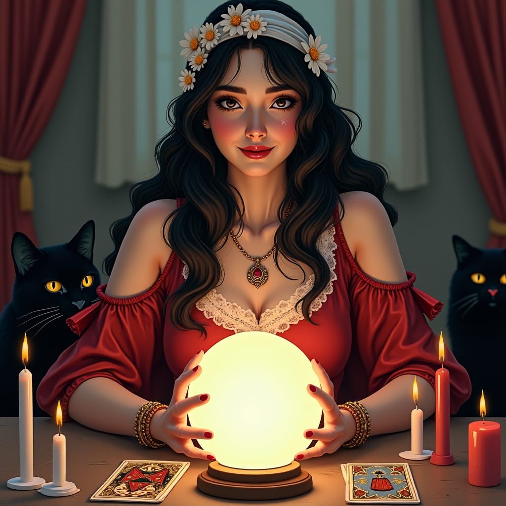 Fortune-Teller with Black Cat, Digital Painting