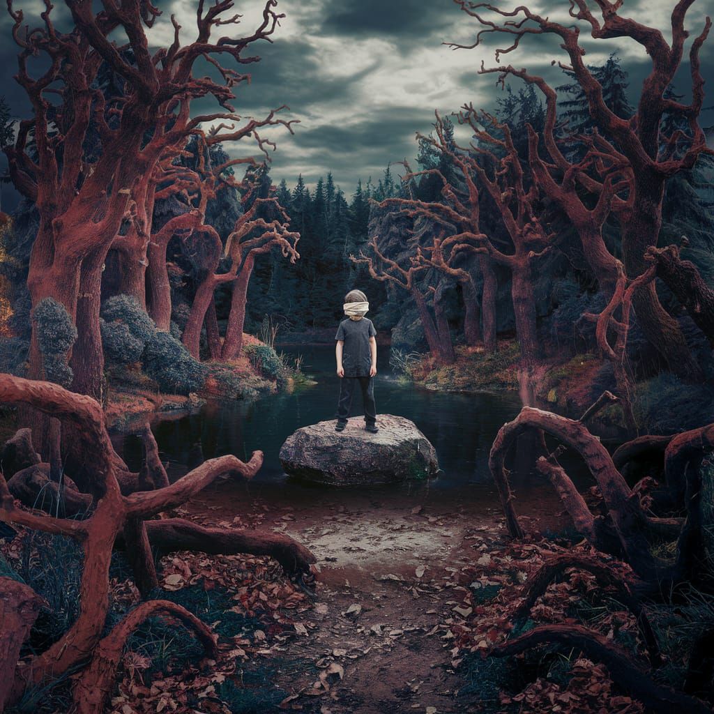 Blindfolded Boy in a Fantastical Forest