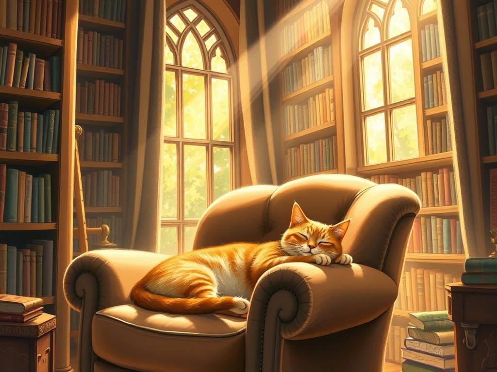 Ginger Cat Sleeping in Cozy Library, Impressionistic Style