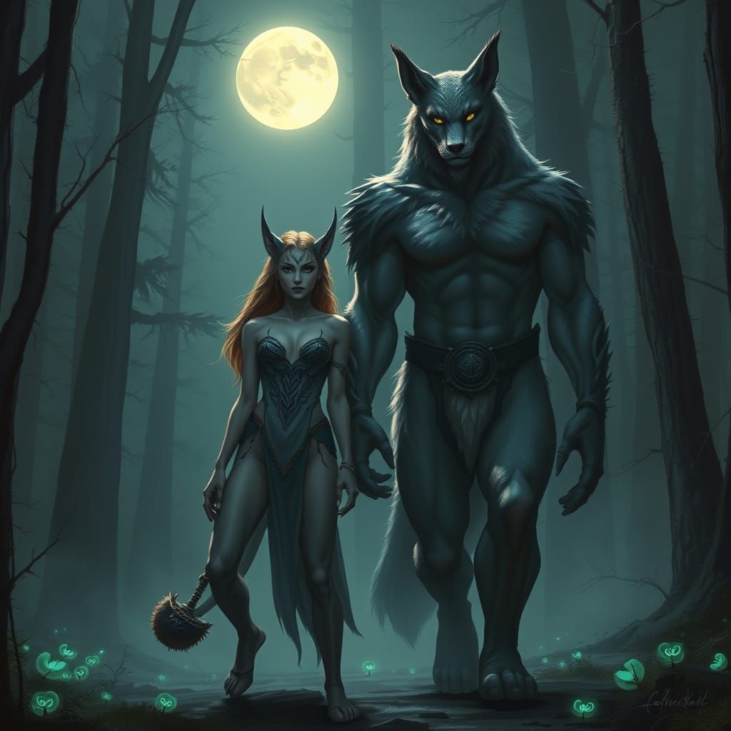 Lynx Beast-Woman and Mate in Misty Forest