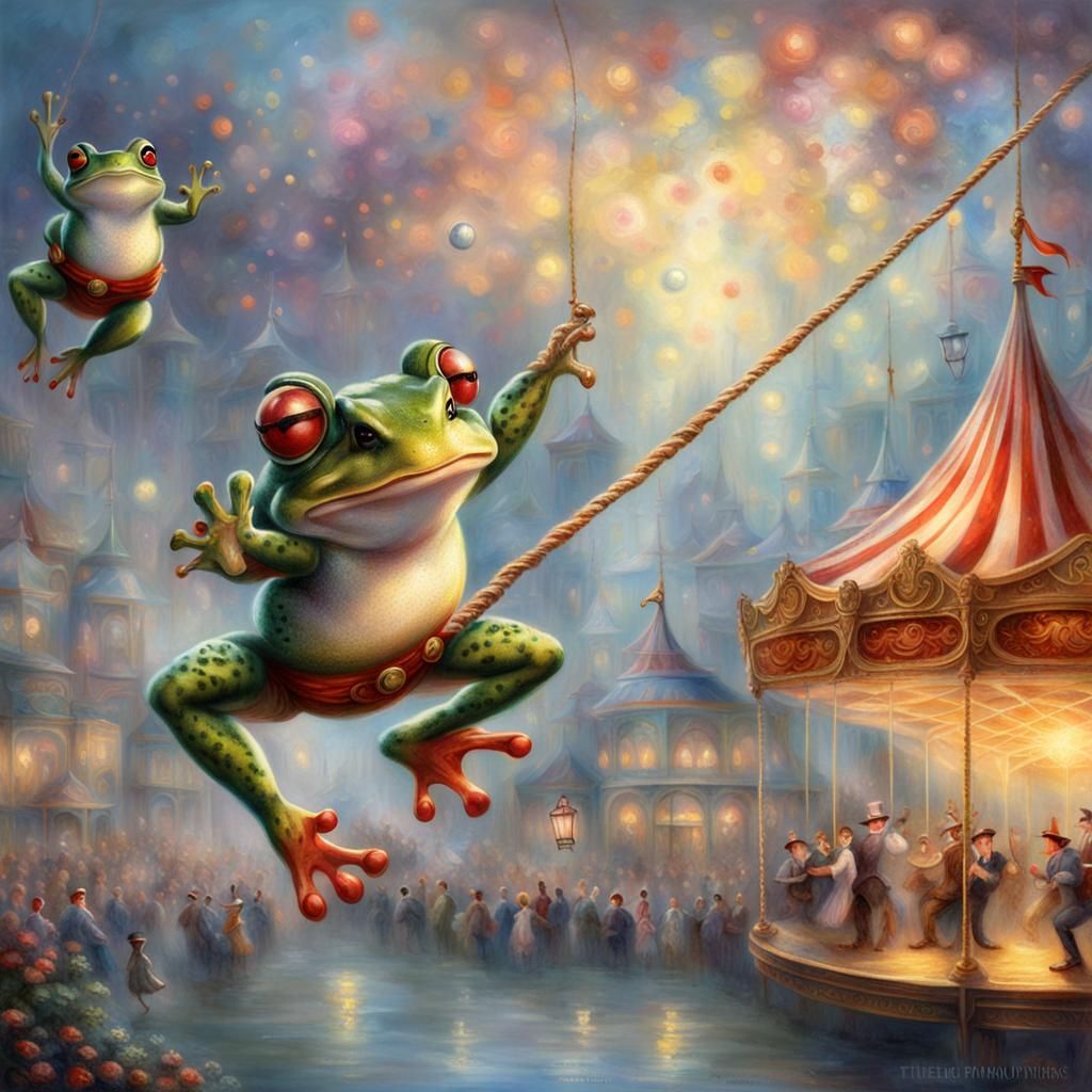 Circus Frog on Trapeze in Ethereal Fantasy Style