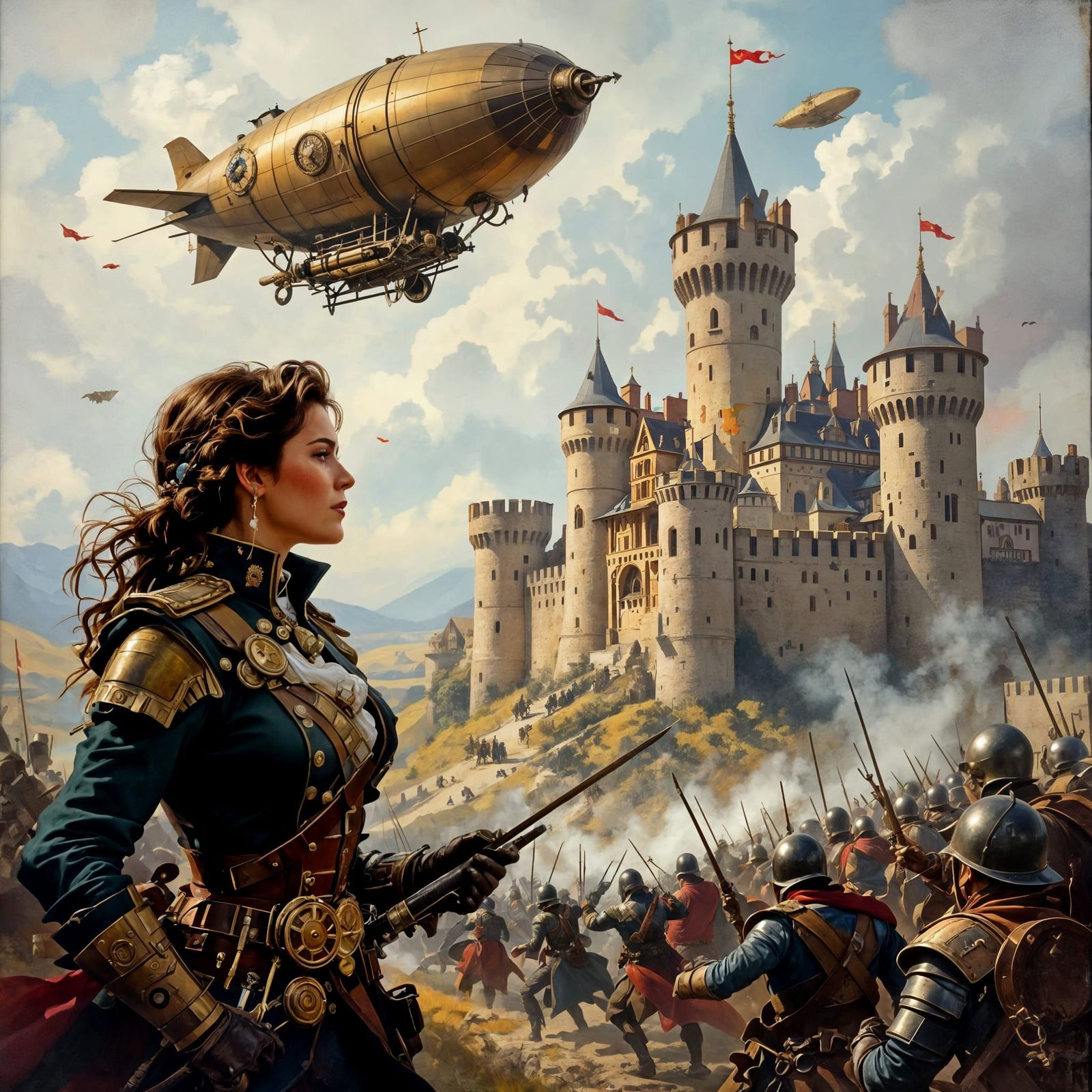 Steampunk Airships & Clockwork Soldiers in Castle Siege Oil ...