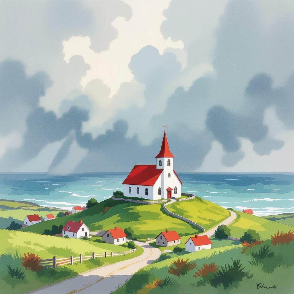 Vík Church on Green Hill in Watercolor