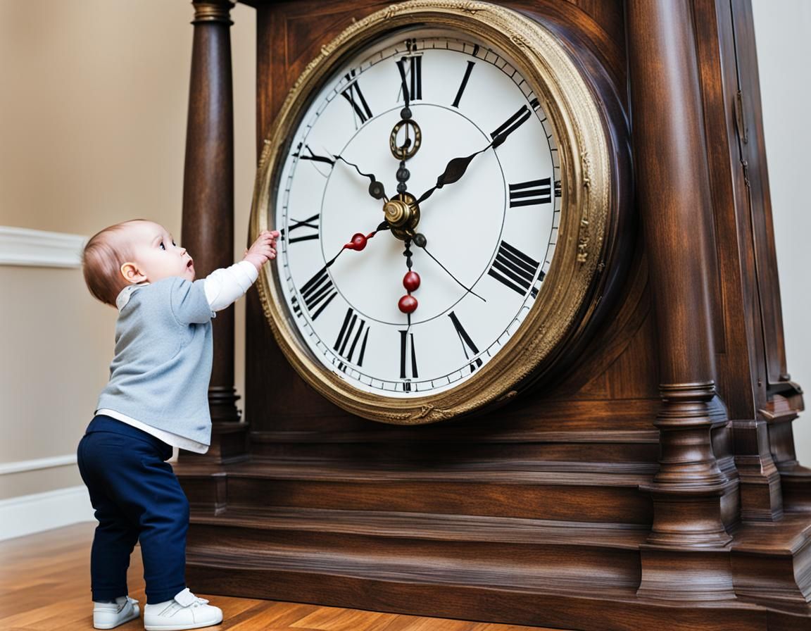 Baby boy looking at giant antique clock, almost touching it