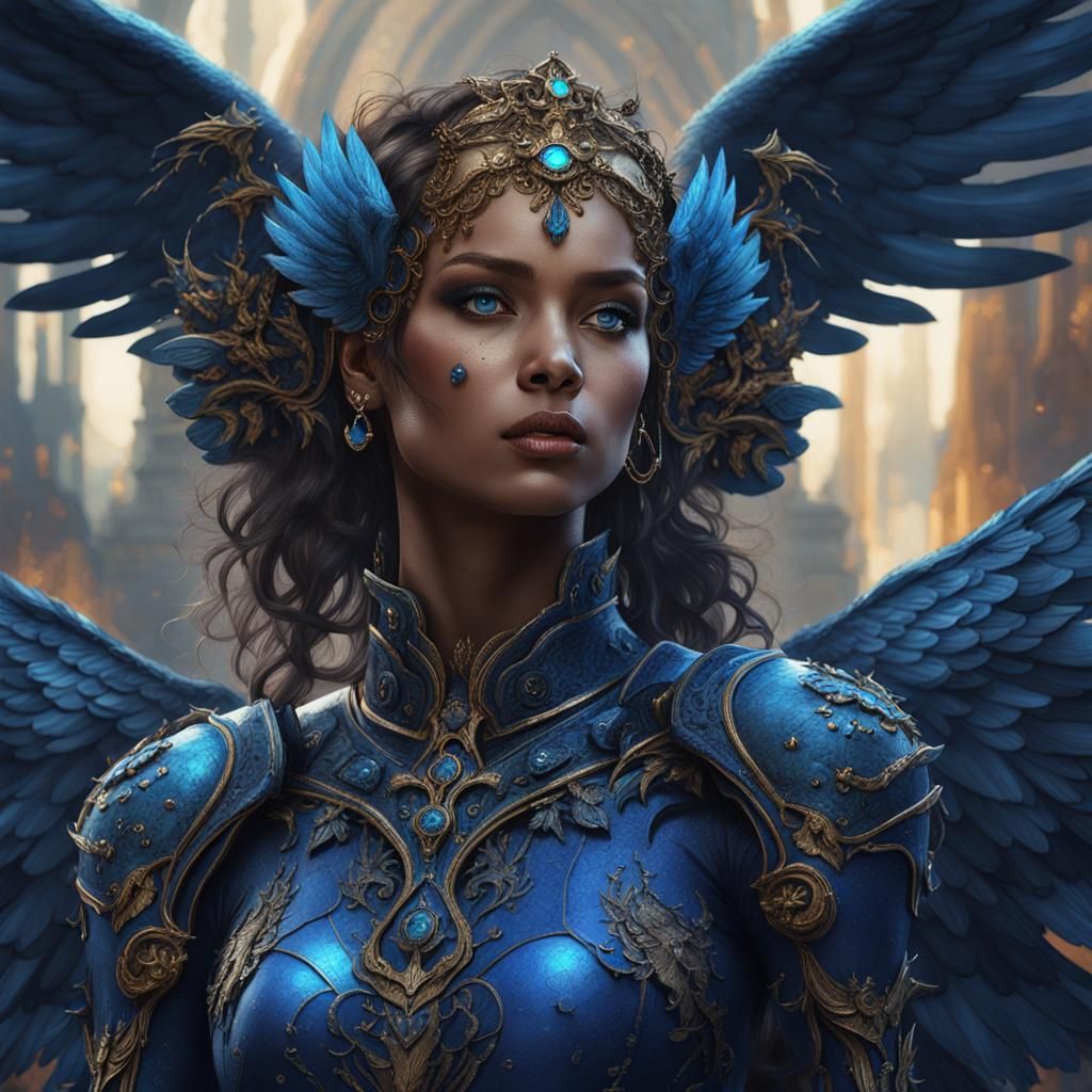 Beautiful Blue Angel Portrait in Gothic Ink Style