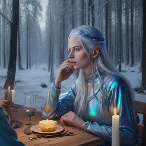 Finnish Forest Vegan Restaurant in Winter, Celestial Illustr...