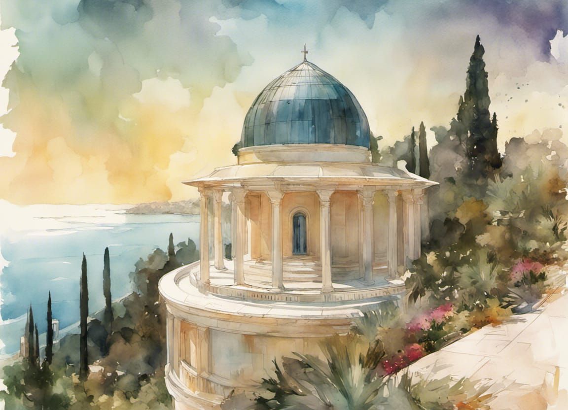 Bahai Temple Garden: Shimmering Watercolor View