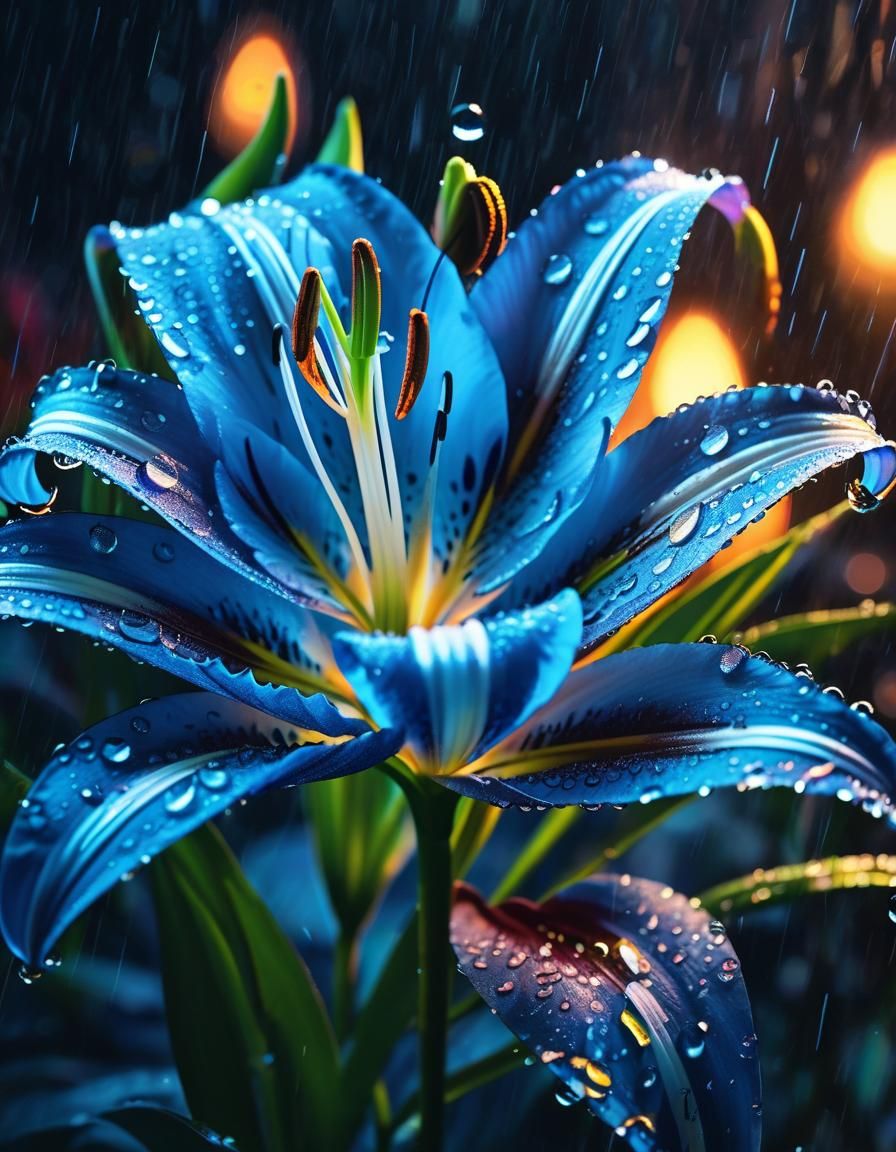 Luminous Lily: Blue Fire and Rain