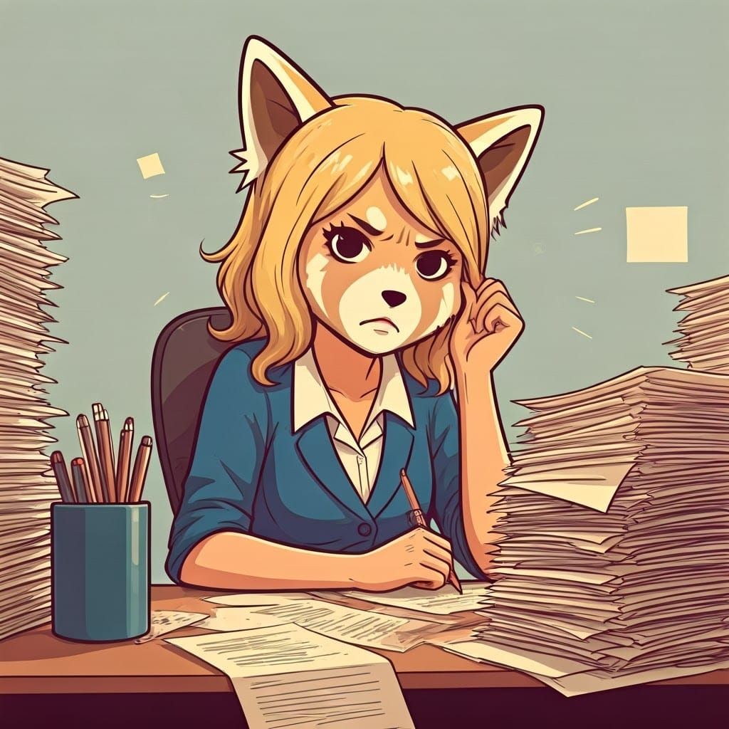 Stressed Office Worker in Kawaii Sanrio Style