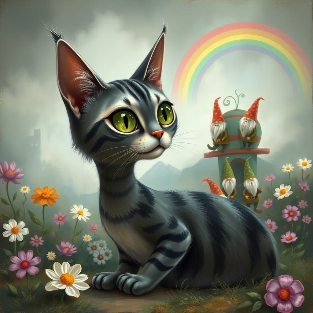 Whimsical Cat Watches Flower Gnomes in Dreamlike Garden Pain...