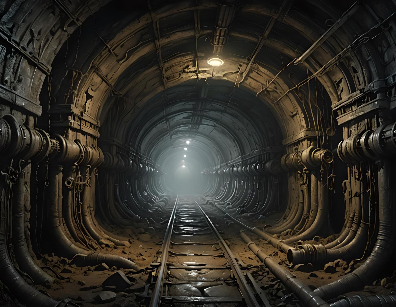 Underground stone tunnels lined with clear pipes full of dark flesh and eyeballs.