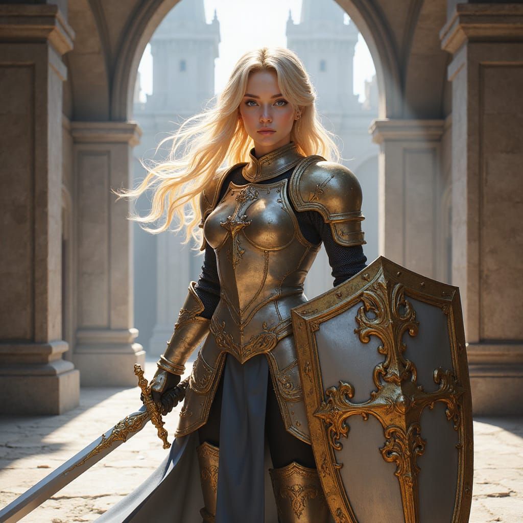 Female Paladin in Epic Castle Courtyard