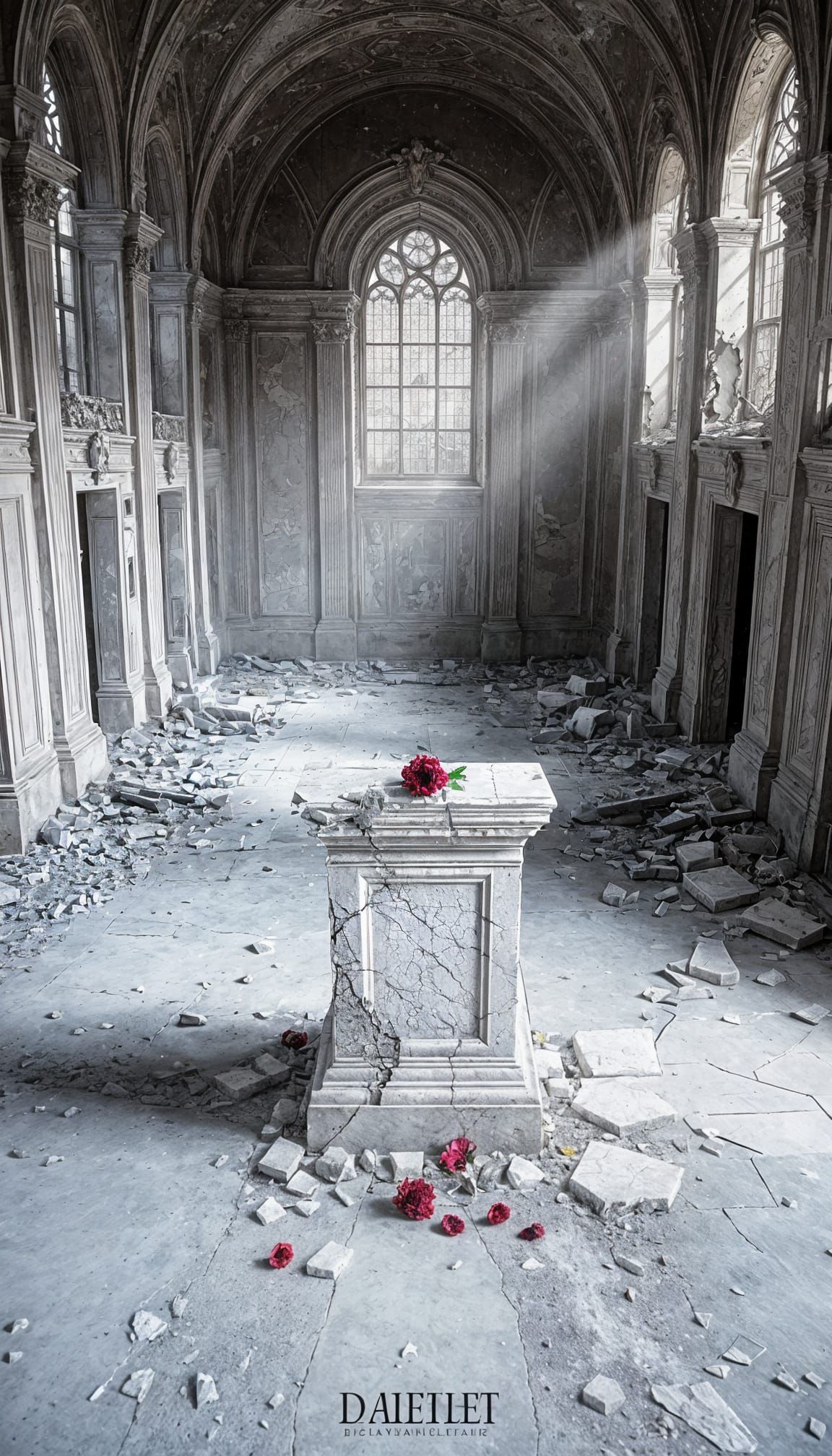 Surreal Black and White Photo: Rose on Crumbling Pedestal