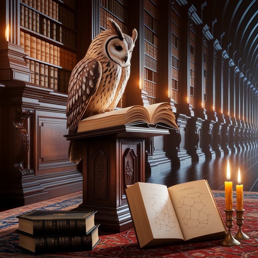 Regal Owl Reading in Antique Candlelit Library