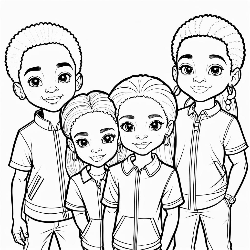 African American Children's Cartoon Line Art for Coloring